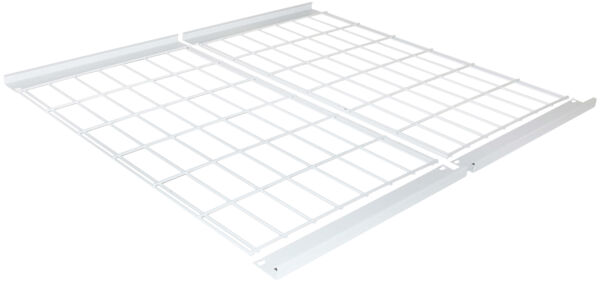 The image shows a rectangular, white metal grid shelf. It has a coarse, subdivided structure with vertical and horizontal bars that provide stability and ventilation.