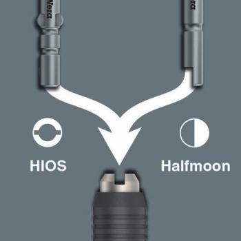 Das Bild zeigt eine schematische Darstellung zweier Steckertypen, HIOS und Halfmoon, die in eine gemeinsame Buchse münden. Die Verbindungslinien sind klar und veranschaulichen den Anschluss.