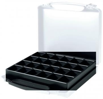 The image shows a black box with 16 equally sized compartments arranged in a rectangular pattern. The box has a lid and a handle for carrying.