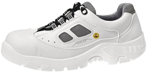 The shoe is predominantly white with gray and black elements. It features a sporty design, mesh inserts for breathability, and a non-slip, flexible sole. Ideal for work safety.