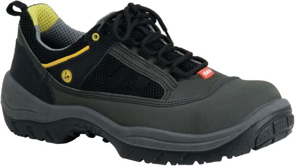 The shoe is dark gray with black and yellow accents. It has a thick, textured sole that provides stability, and a breathable upper for comfort.