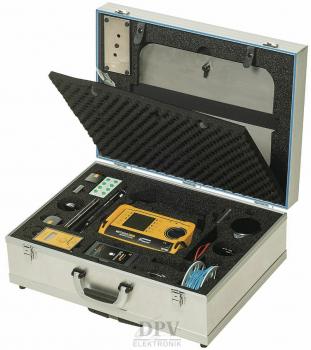 The image shows an opened metal case lined with foam inside. It contains a yellow device, as well as several tools and cables, neatly arranged.