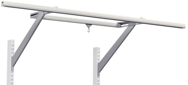 The image displays a metal suspension. A long horizontal bar is supported by two angled braces. Hanging from the bar is a hook, which is used for suspending objects.