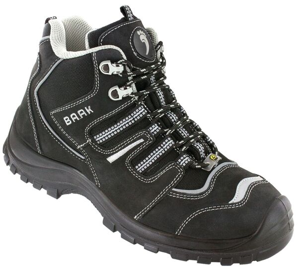 The image shows a black hiking boot with a high upper. It has reflective elements, a sturdy sole, and laces that are threaded through metal eyelets.