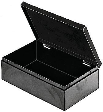 The image shows a black, rectangular box with a lifted lid. The interior is empty and rough, while the exterior is smooth and shiny.