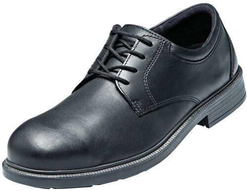 The image displays a black, elegant leather lace-up shoe. It has a smooth surface, rounded toe, and a subtle, rubberized sole with a fine edge.