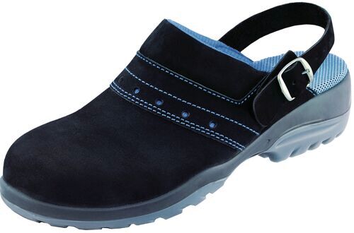 The shoe is a black clog with a closed front and an open heel area. It has a blue interior and an adjustable metal strap.