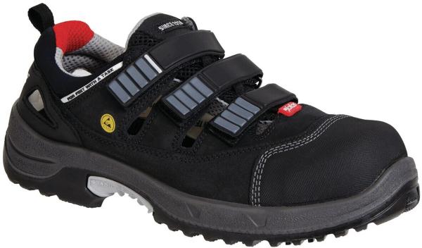 The image shows a black safety shoe with three adjustable Velcro straps. It features a sturdy, non-slip sole and reinforced toe area for extra protection.