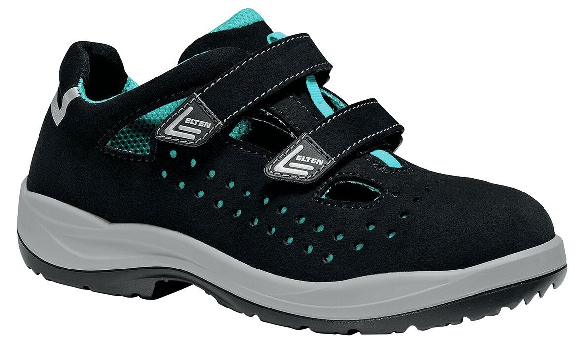 The shoe is black with blue accents. It has two Velcro straps and perforated areas for ventilation. The sole is stable and has a grippy tread.