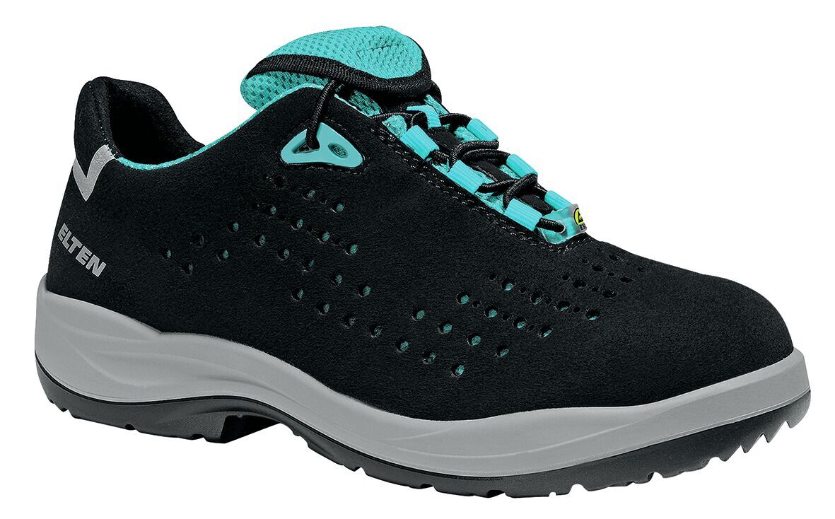 The shoe is black with blue accents. It has a sporty, flat shape, a padded tongue, and laces. The sole is sturdy and textured for good grip.