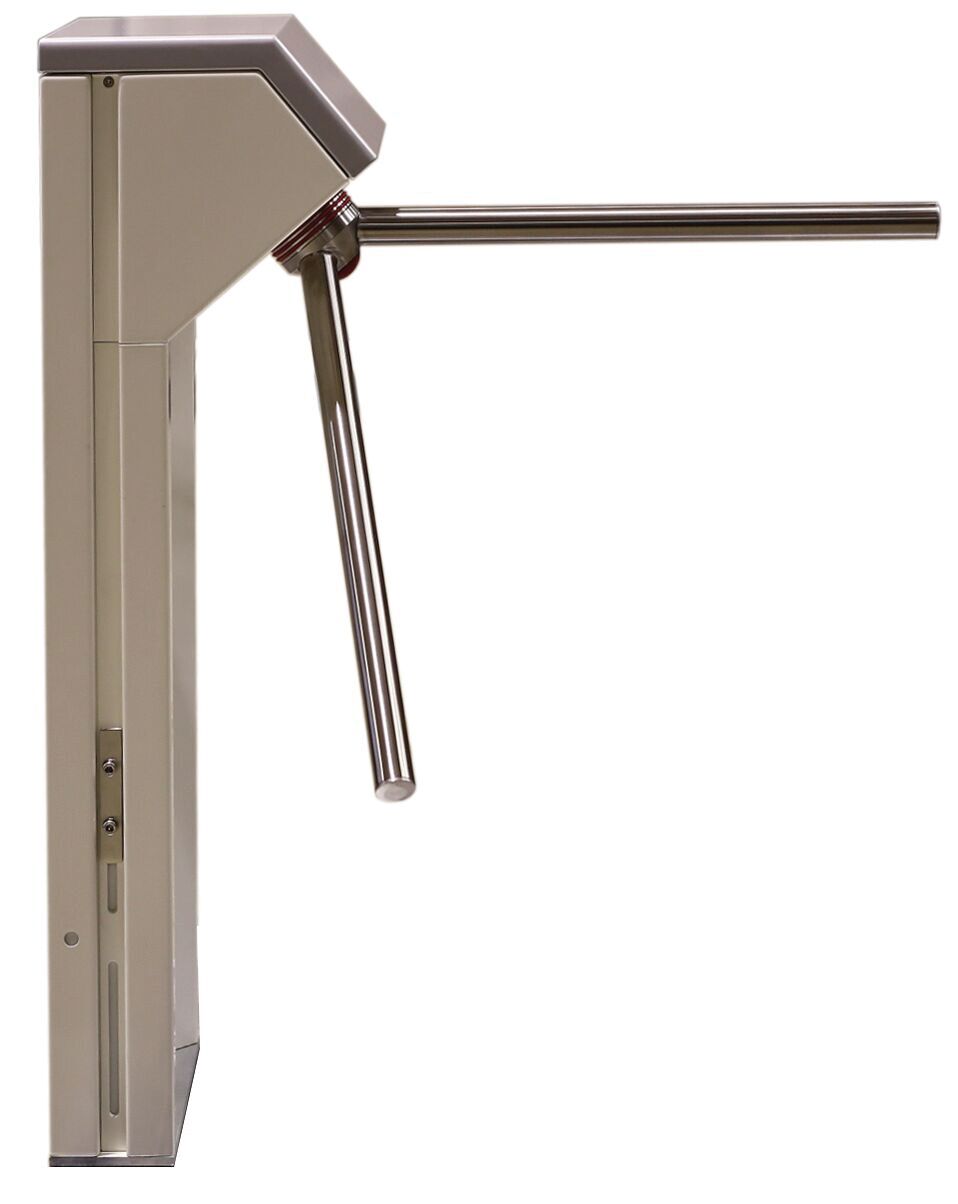 The image shows a metal turnstile. It has a rectangular base and a horizontal arm that rotates to allow access. The surface is smooth and shiny.