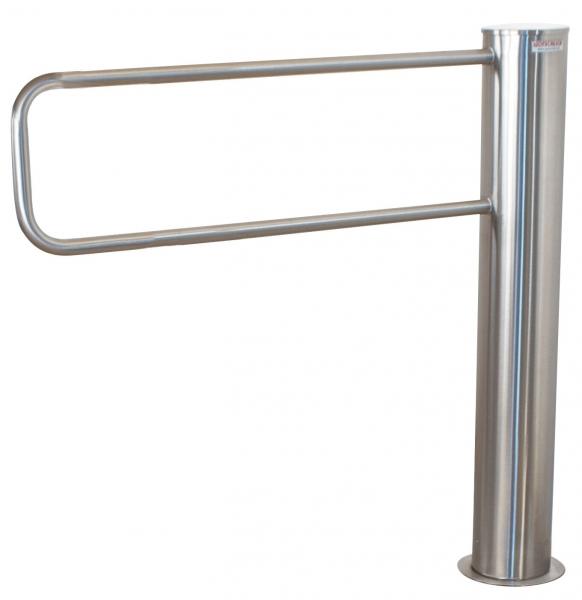 The image shows a stainless steel railing with a vertical pillar and a horizontal, elongated handle. The surface is smooth and reflective.