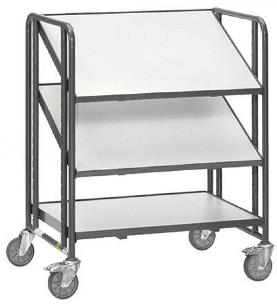 The image shows a mobile serving cart with three tilted shelves. The cart has a metal structure and four casters, which allow for easy movement.