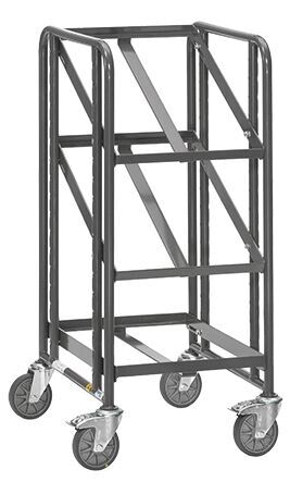 The image shows a tall, open cart made of metal with four wheels. It has three shelves supported by struts. The cart is sturdy and suitable for transporting items.