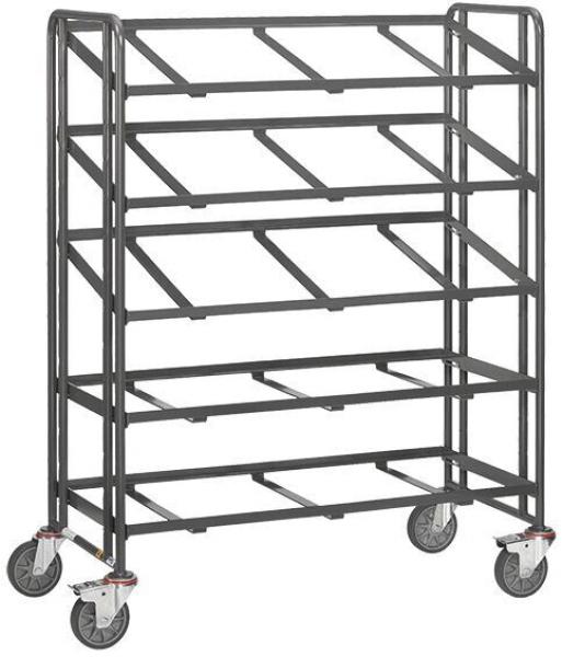 The image shows a square, open shelf with five shelves. It features a metal frame structure, is black, and stands on four casters that facilitate moving.