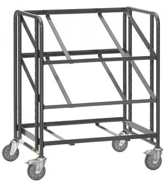 The image shows an open, rectangular cart with four wheels. It has two side handles, three shelves at different heights, and a sturdy structure made of black metal.