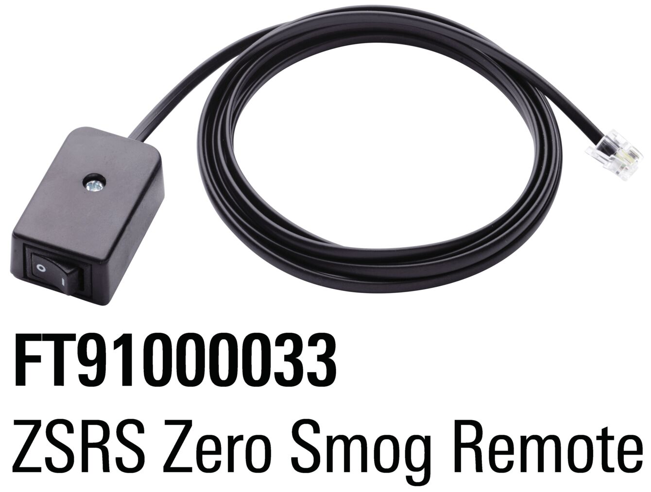 Das Bild zeigt ein schwarz glänzendes Gerät mit einem Knopf auf der Vorderseite und einem Kabel, das nach rechts führt. Es handelt sich um eine Fernbedienung namens "ZSRS Zero Smog Remote".