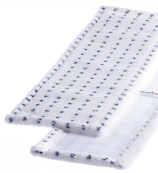 The image shows an elongated, white cloth with small, blue dots. It is soft and fluffy, possibly a cleaning cloth or a household item.