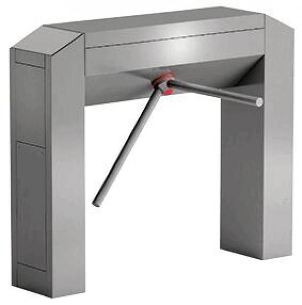 The image shows a metal turnstile. It has a rectangular shape with a horizontal bar that rotates when pushed. On the side, there are sometimes readers or QR code scanners.