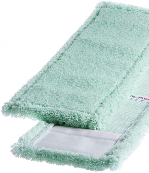 The image shows a green, fluffy cleaning cloth attachment. It has a rectangular shape with a velvety surface and a solid-colored back that serves as an attachment.