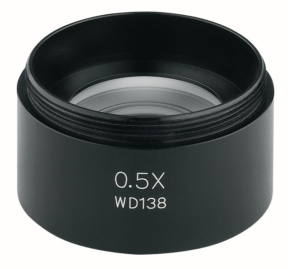 The image shows a round, black lens with a smooth surface. In the center, there is a lens unit. It is labeled with "0.5X WD138".