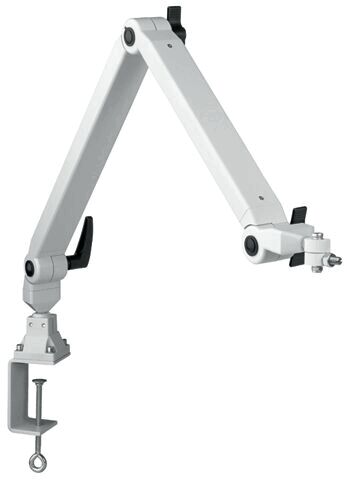 The image shows a foldable arm with multiple joints, attached to a table. It is white and allows for flexible positioning of devices or materials.