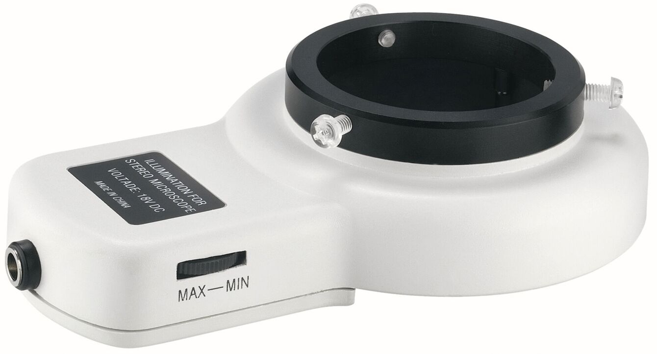 The image displays a white device with a circular opening in the center. It features a set of switches labeled "MAX" and "MIN," along with a connector socket.