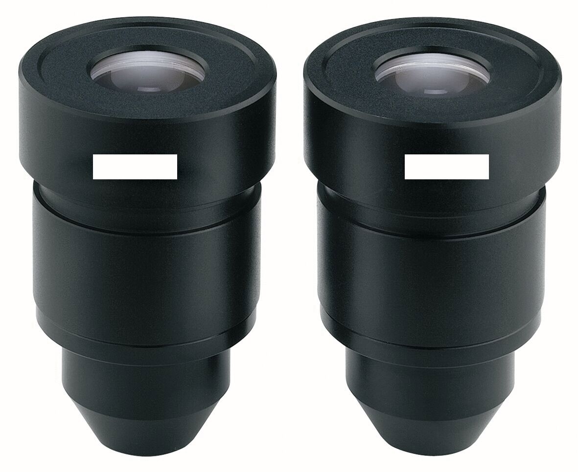 The image shows two black eyepieces with a round lens on top and a conical lower part. Both have a simple, matte finish. There are visible straight white stripes.