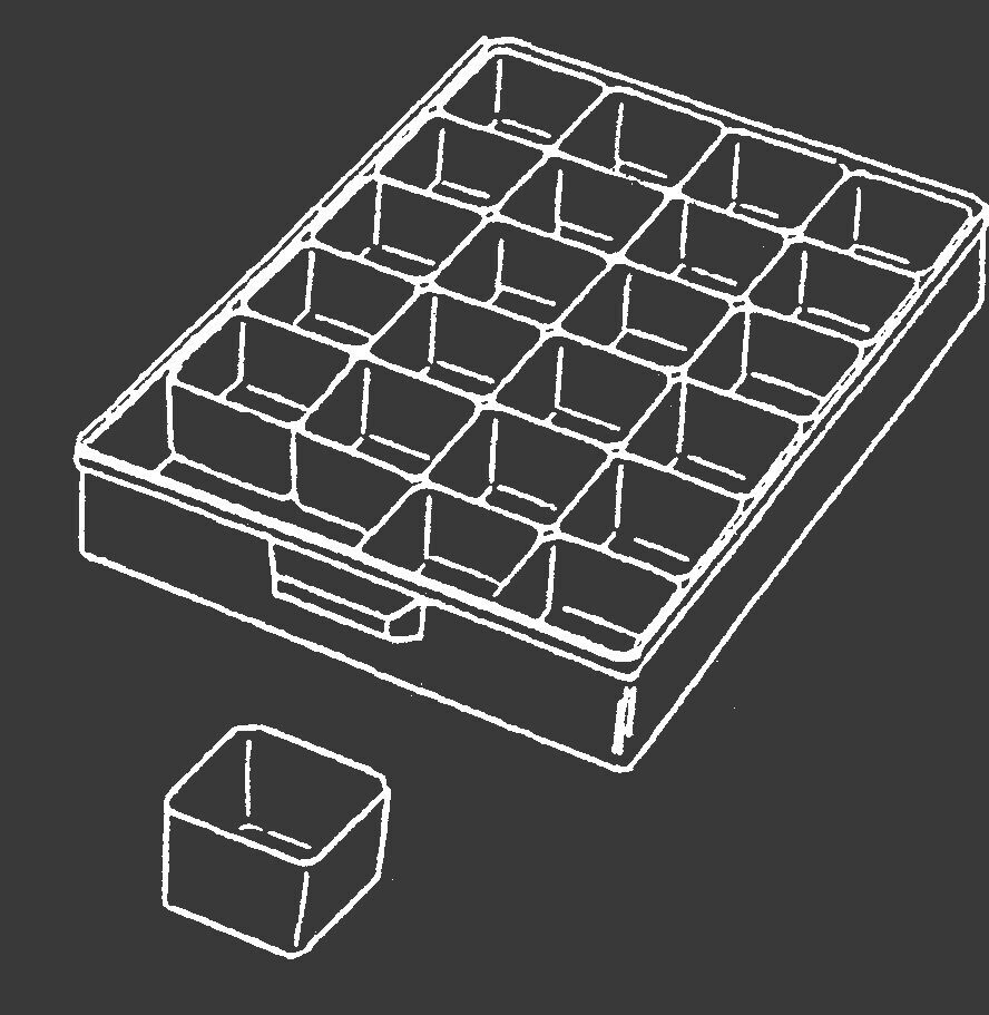 The image shows a flat box with 24 square compartments and a single, small box next to it. The compartments are evenly arranged. The representation is sketchy.