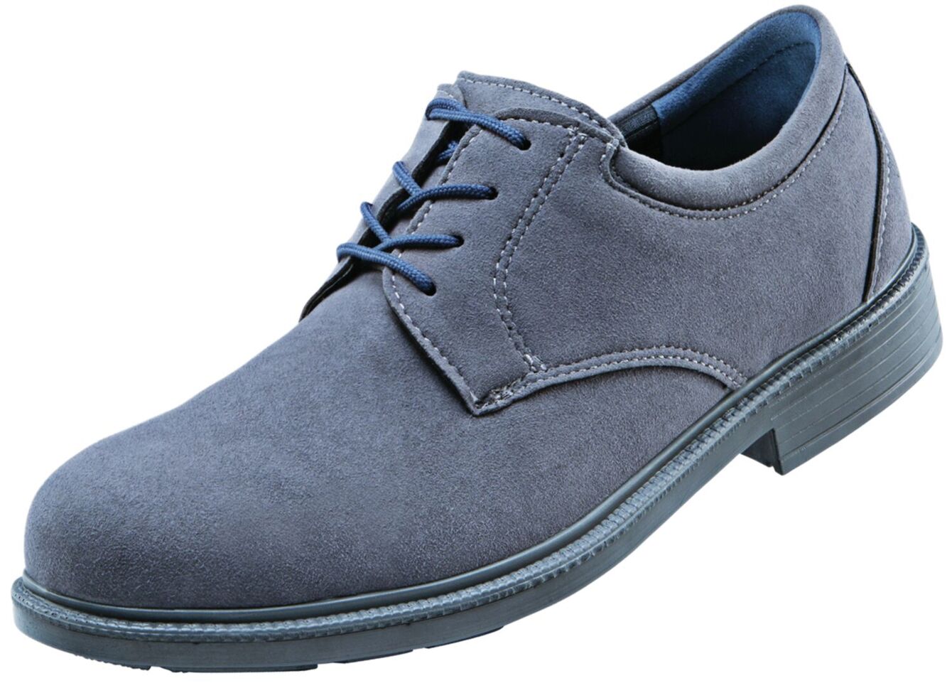 The shoe is a blue, elegant lace-up made of soft material. It has a round shape, a flat rubber sole, and striking blue laces. Ideal for formal occasions.