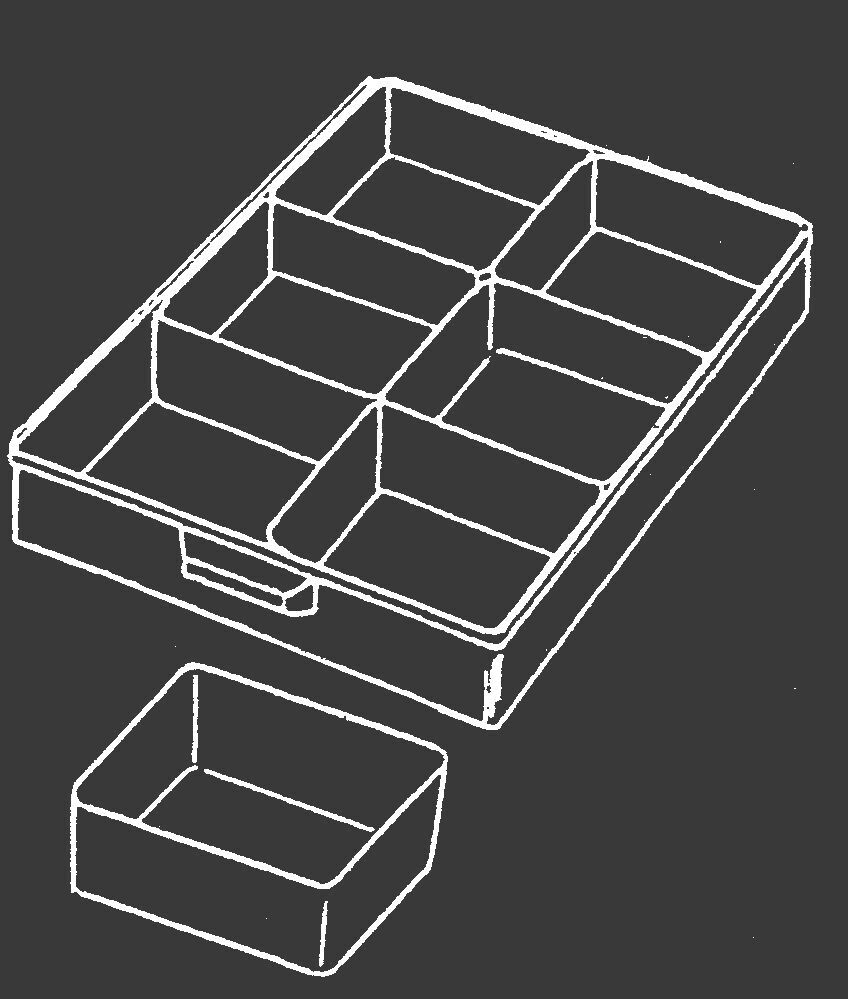 The image shows a large drawer with several compartments, divided into even sections. Next to it is a smaller compartment, which is also rectangular.