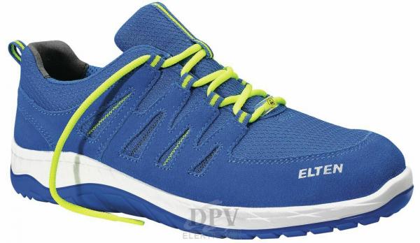 The shoe is sporty, predominantly blue with a mesh material. Yellow laces run through lateral openings. The sole is white with a blue lower edge.