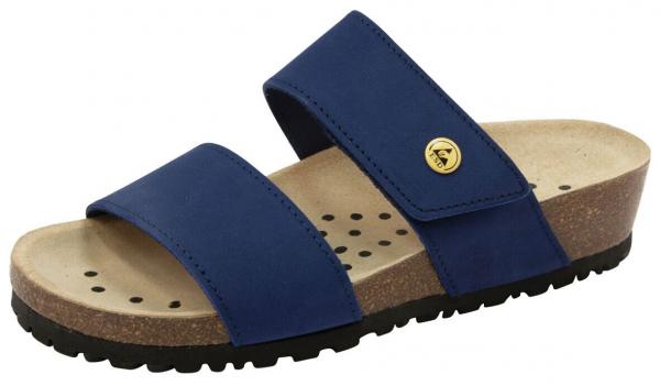 The image shows a blue sandal with two wide straps and a thick, light sole. The sole has small holes for ventilation. The underside is black and non-slip.