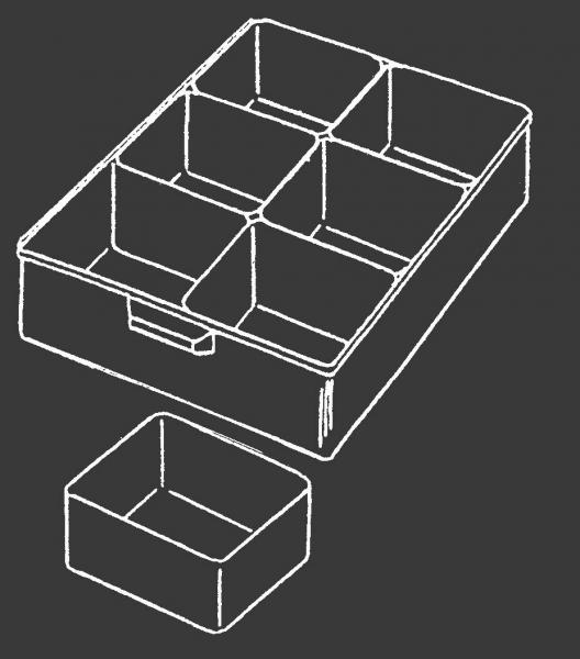 The image shows a large, rectangular drawer with six compartments on top. Below it is a smaller, separate box. Both are depicted in a sketchy manner.