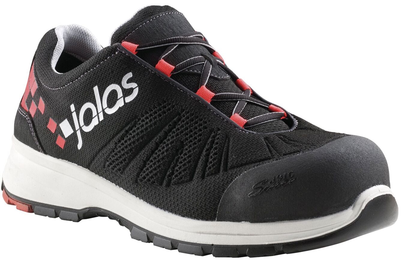 The shoe is black with red details and a white sole. It has diamond-shaped patterns on the sides and laces. The front part is reinforced for better protection. It looks sporty and sturdy.