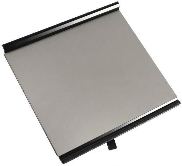 The image shows a square, reflective metal sheet with a black border. There is a small handle on the bottom to make it easier to hold or move.