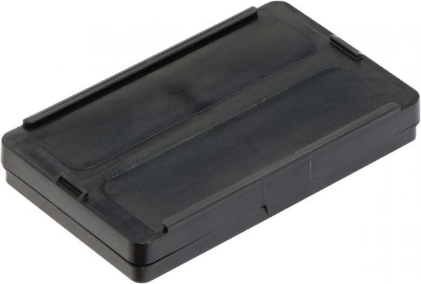 The image shows a rectangular, black plastic box with a smooth surface and slightly recessed areas on the top. It has a simple, plain look.