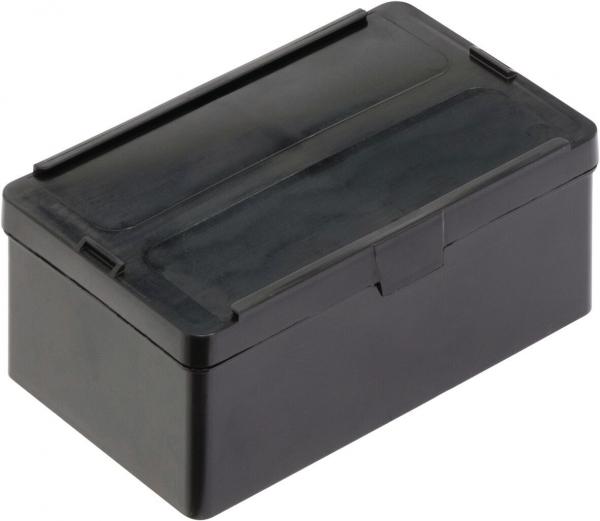 The image shows a rectangular, black plastic storage box. It has a flat lid and a smooth surface. The box is sturdy and provides space for various items.