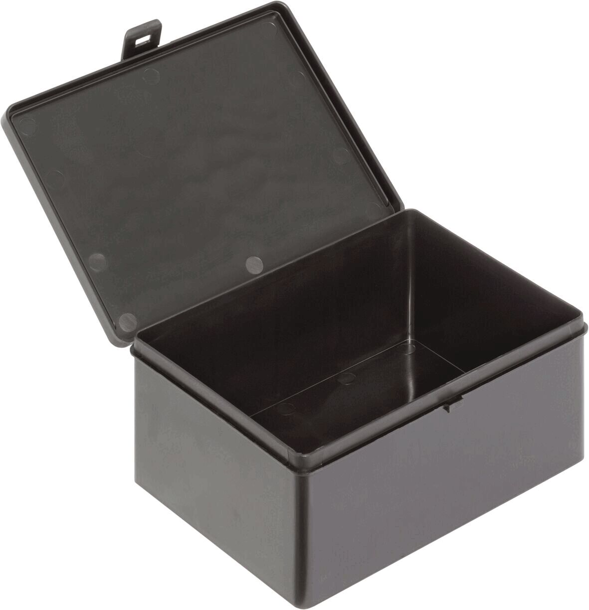 The image shows a black, rectangular box with a hinged lid. The box has smooth surfaces and is empty, with an interior that offers ample space.