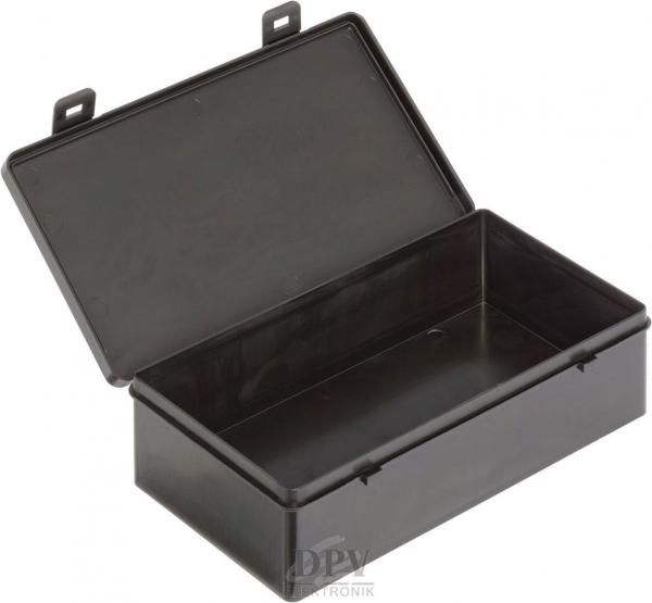 It is a rectangular, black plastic box with a lid that is flipped open. Inside, the box is empty and smooth. It has two small eyelets on the sides.