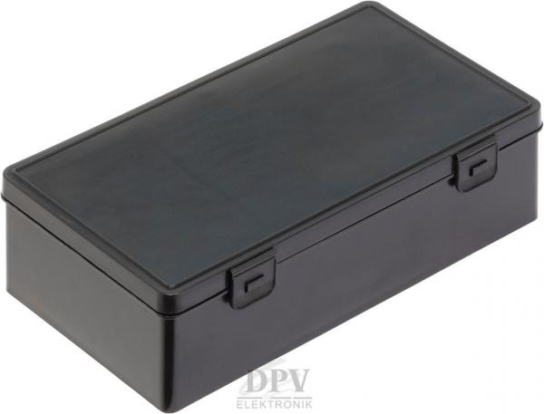 The image shows a black, rectangular plastic box with a flat lid. It has two locking mechanisms on the sides. The surface is smooth and shiny. Ideal for storing small items.