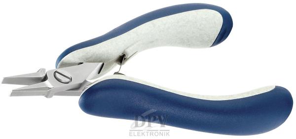 The image shows a pair of pliers with two colored, ergonomic handles. The handles are blue with a gray, non-slip surface. The tips of the pliers are made of shiny metal.