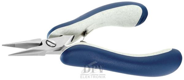 The image shows a pair of pliers with pointed, narrow jaws and ergonomic, blue handles. The pliers are open and have a shiny metal surface.