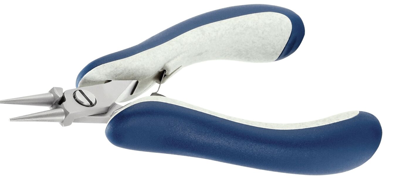 The image shows a pair of pliers with long, pointed jaws and ergonomic, blue handles. The handles are partially covered with a lighter material, which provides grip.