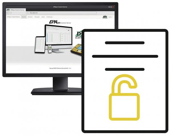 The image shows a computer screen displaying a webpage with various devices. Next to the screen is an icon of an open padlock in yellow, symbolizing unlocking.