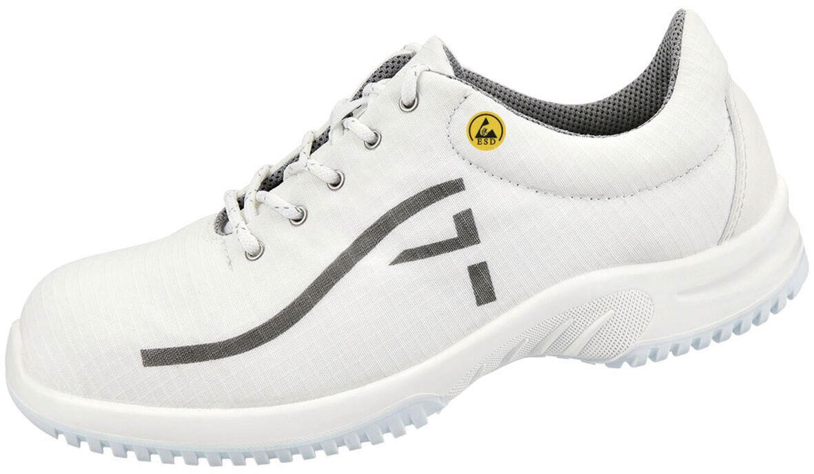 The shoe is white with gray accents and has a lace-up front. The sole is non-slip with a light tread. It conveys a sporty, modern design.