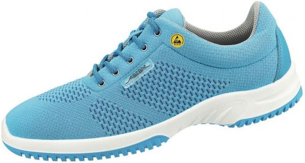 The shoe is sporty and breathable, made from lightweight, light blue material. The sole is white with blue accents, and the laces are in the same shade.