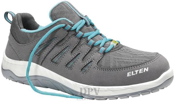 The shoe is gray with light blue shoelaces. It has a sporty design with breathable upper material and a sturdy, white sole. The logo "ELTEN" is visible.