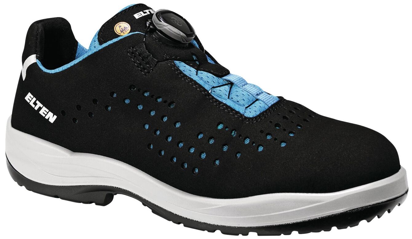 The shoe is black with blue accents. It has a sleek shape, a perforated upper for ventilation, and a modern lacing system with a twist lock. The sole is stable and flexible.