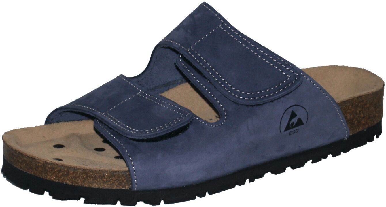 The shoe is an open, blue slipper with two adjustable Velcro fasteners. The sole is made of leather with a cork base and has a non-slip rubber sole.